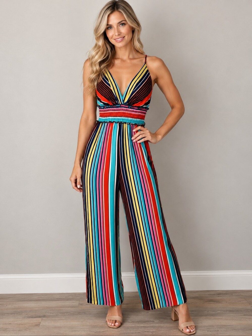 TIMING Striped Rainbow Multicolor Wide-Leg Spaghetti Strap V-neck Jumpsuit